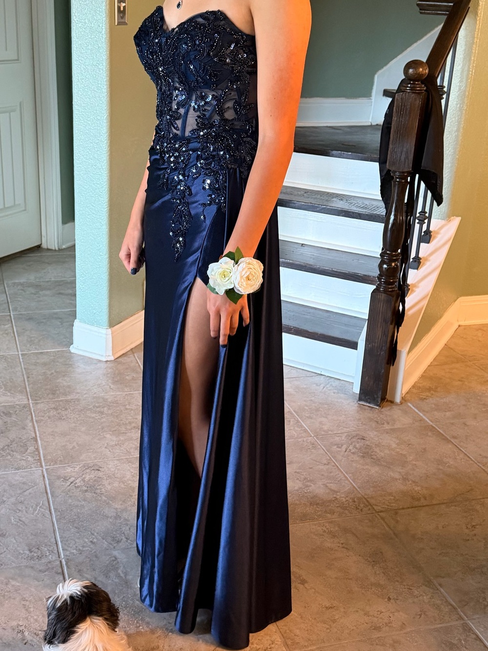 Navy Strapless Beaded Prom Gown